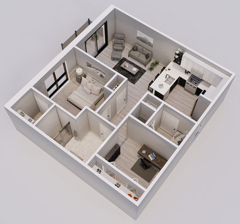 Floor plan for 1 bed, 1 bath, 849 sqft